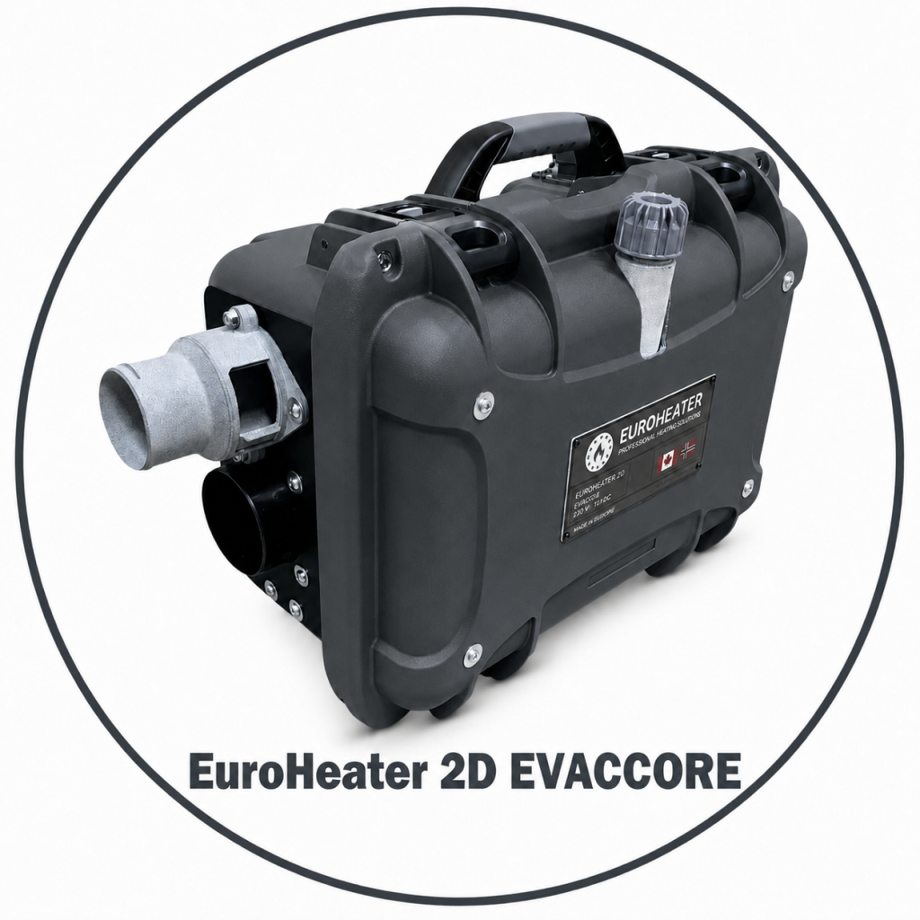 EUROHEATER-2D-2KW EVACORE – EuroHeater 2D 2 kW tragbares Heizsystem. Das tragbare EuroHeater 2D 2 kW Dieselheizgerät in geschlossener und offener Gehäusekonfiguration.
