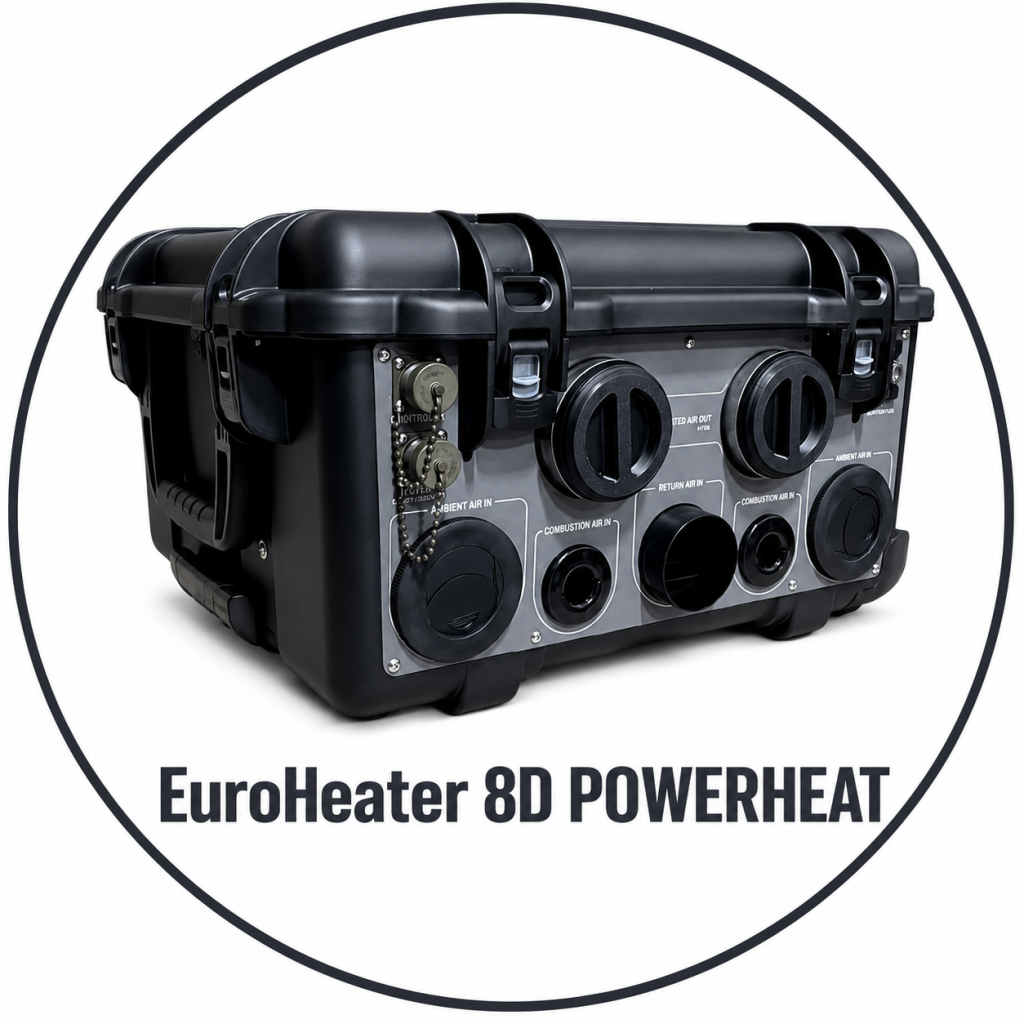 EUROHEATER-8D-8KW – EuroHeater 8D 8-kW-Hochleistungsheizgerät. EuroHeater 8D 8-kW-Hochleistungs-Dieselheizgerät in robusten schwarzen Transportkoffern.