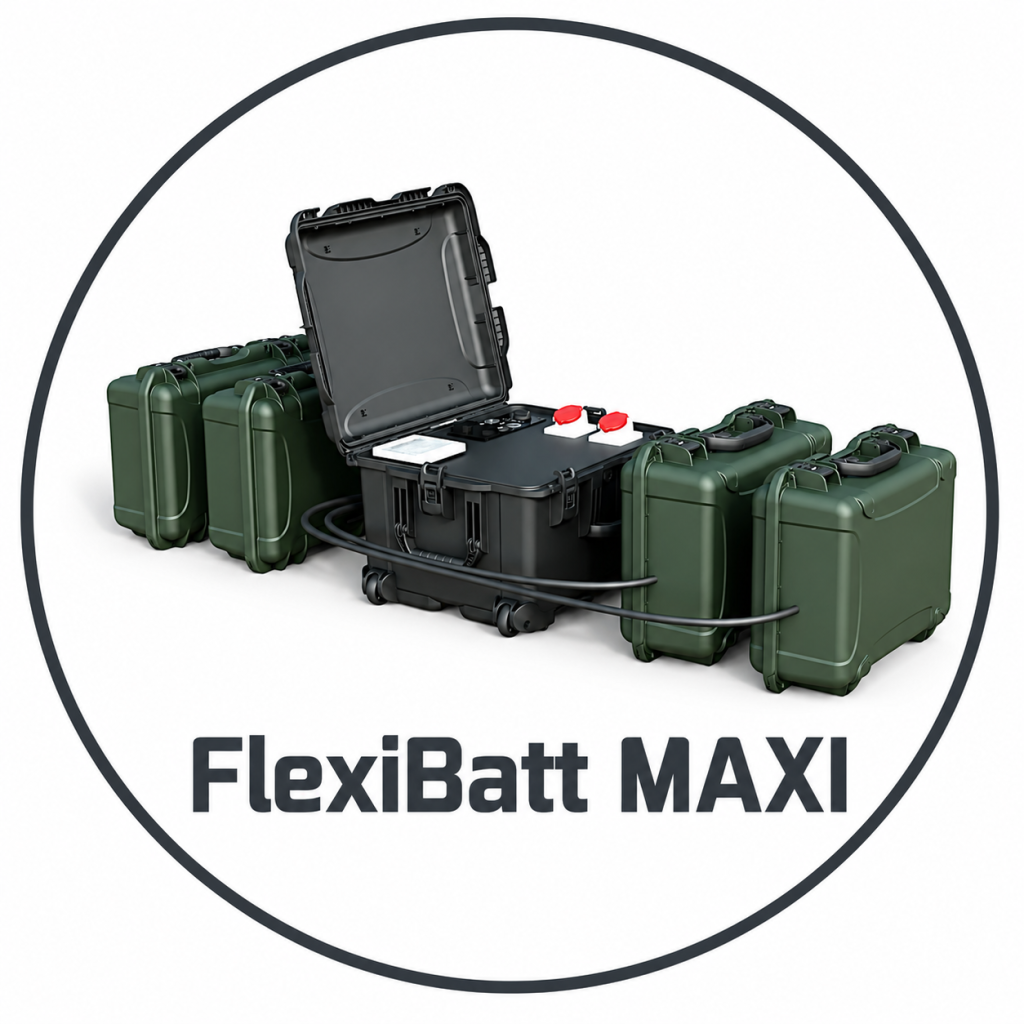 FLEXIBATT MAXI – FlexiBatt Maxi skalierbares Notfall-Batteriesystem. Modulares FlexiBatt Maxi-Notfall-Batteriesystem mit mehreren robusten Batterieeinheiten, die in einem verschneiten Feldlager angeschlossen sind.