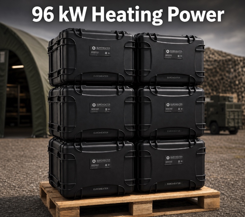 EUROHEATER LOGISTIC 96KW – EuroHeater 96 kW Logistik-Heizsystem. Gestapelte EuroHeater-Heizkoffer, die 96 kW Heizleistung für große Einsätze im Gelände liefern.
