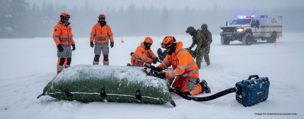 EVACCORE RESCUEBAG – EvacCore RescueBag bei einer Winterrettungsaktion. Rettungskräfte setzen den EvacCore RescueBag mit einem tragbaren Heizgerät während einer Schneerettungsaktion ein.
